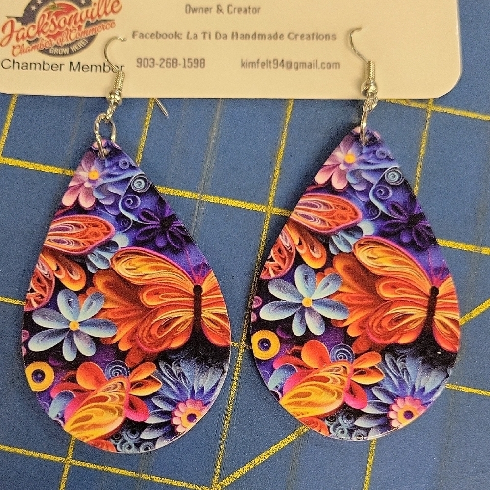 Tear Drop Colorful Butterfly 2" Earrings